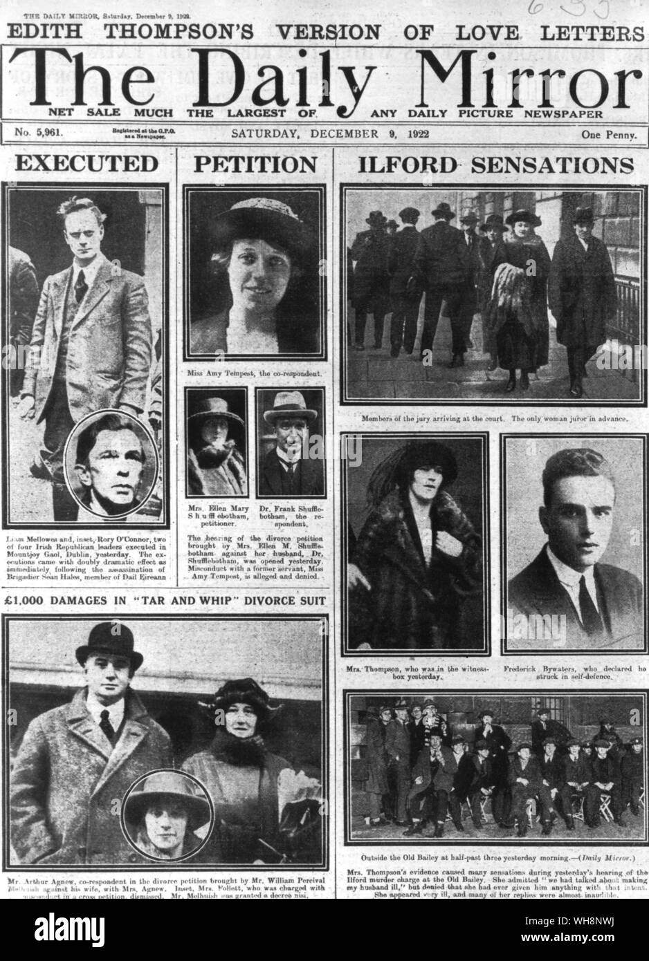 Coperchio anteriore del Daily Mirror 9 dicembre 1922. Bywaters e Thompson caso Foto Stock