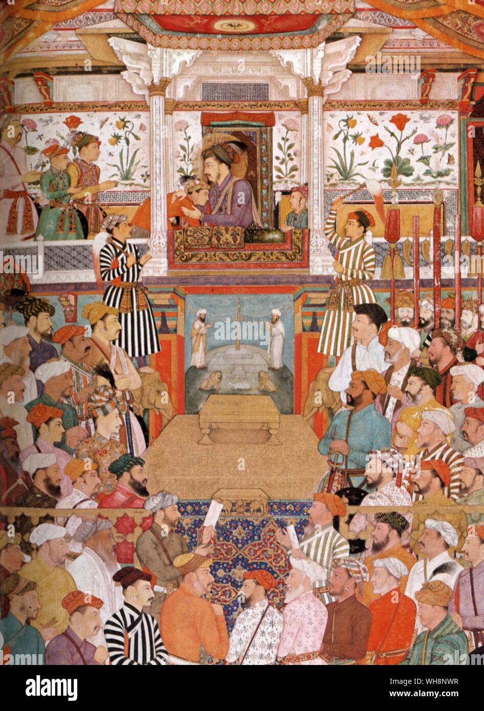 Shah Jahan in durbar, sollevato in balcone-tipo trono che ricorda il ROE di un plyer re in un teatro di Londra: da Bichitr, c.1650 Foto Stock