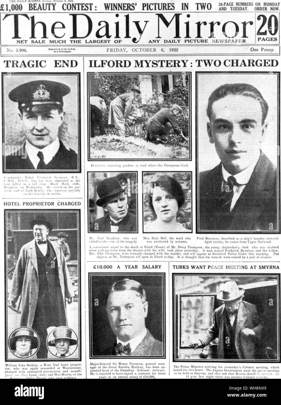 Coperchio anteriore del Daily Mirror 6 Ottobre 1922 . Ilford omicidio trail Foto Stock