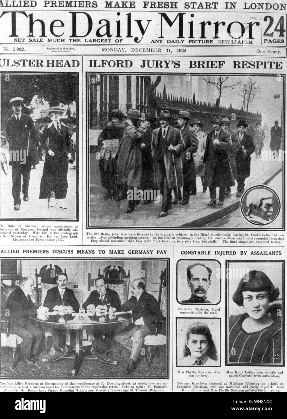 Coperchio anteriore del Daily Mirror 11 dicembre 1922 . Ilford omicidio trail Foto Stock