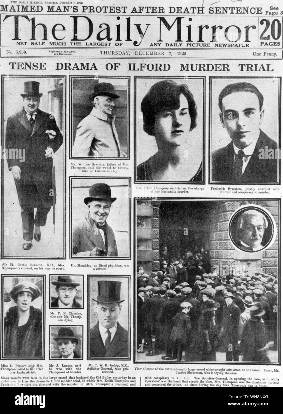 Coperchio anteriore del Daily Mirror 7 dicembre 1922 . Ilford omicidio trail Foto Stock