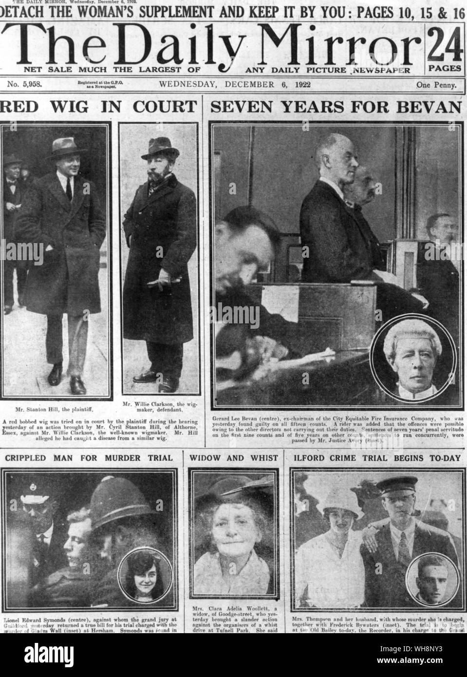 Coperchio anteriore del Daily Mirror6 dicembre 1922 . Ilford omicidio trail Foto Stock
