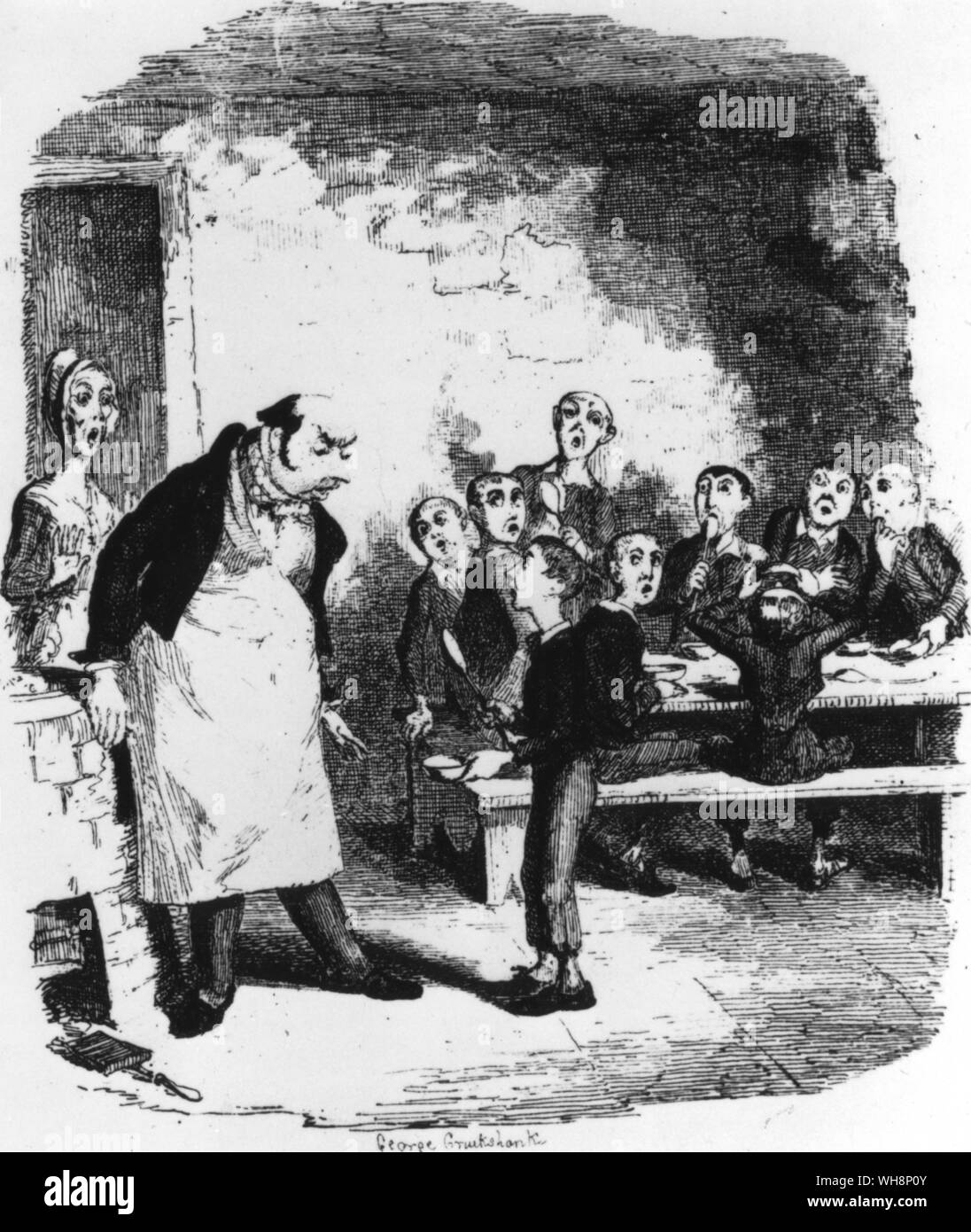 "Oliver Twist chiede più' illustrazione originale da George Cruikshank dalla prima edizione 1839 Foto Stock