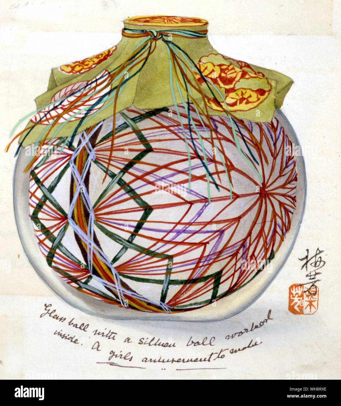 Un vaso di vetro con una palla di silken filo lavorato all'interno. 1904. Foto Stock
