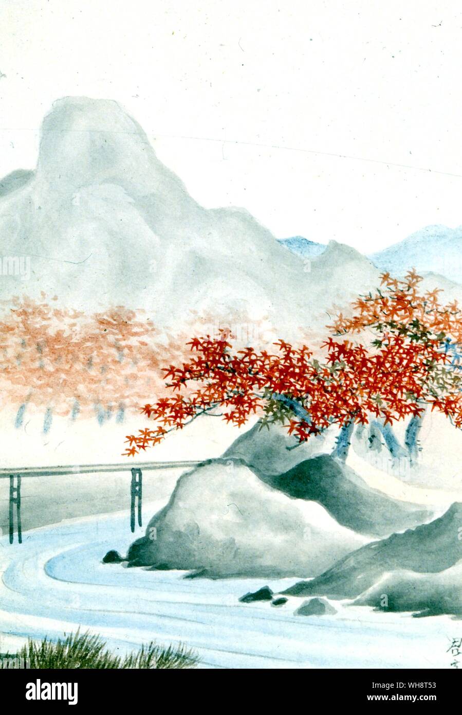 Kakemono (verniciato) di scorrimento che mostra una scena di paesaggio con montagne e il fiume. 1903. Foto Stock