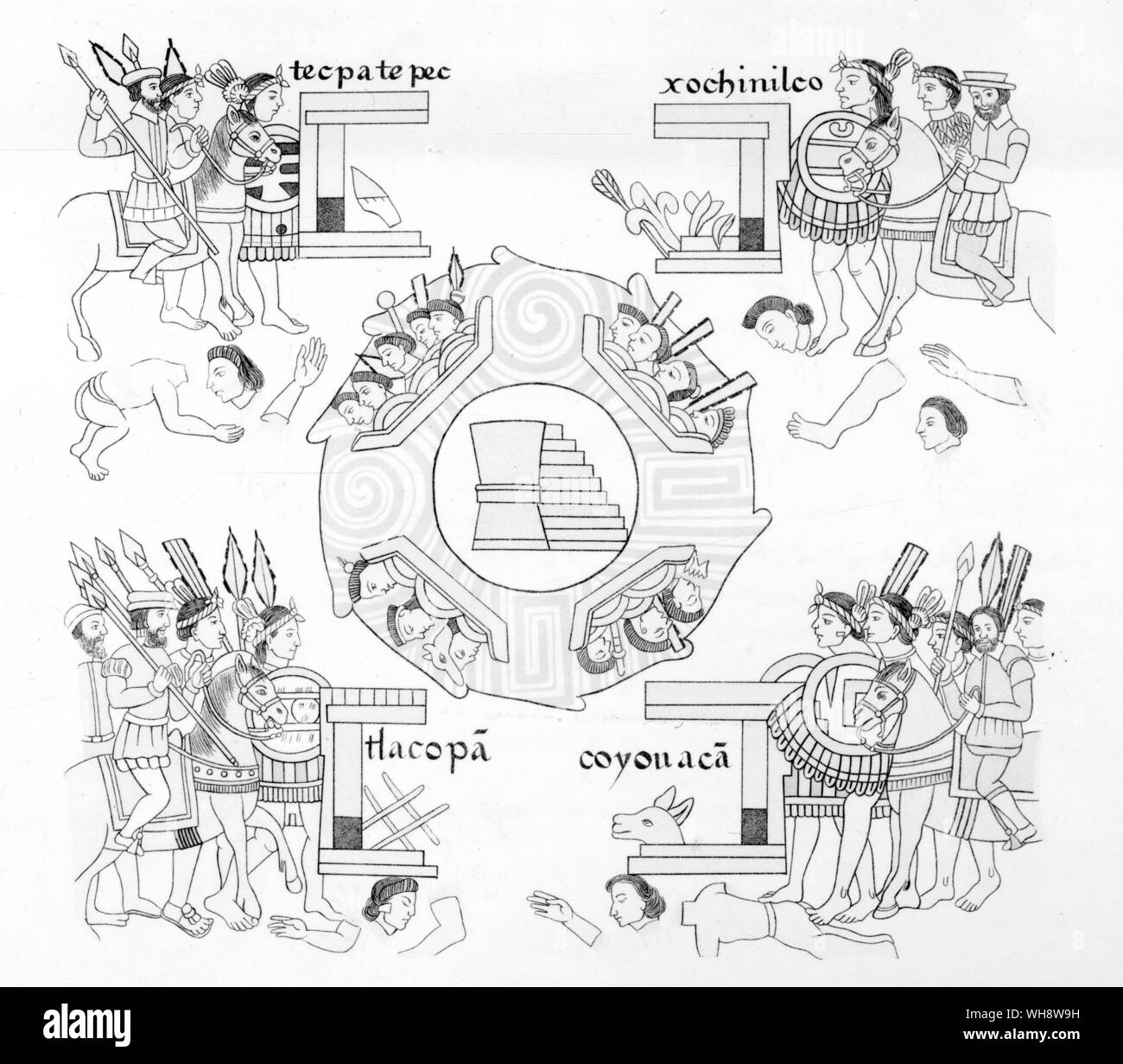 Cortes forze e quelle dei suoi alleati fatta convergere su Tenochtitlan da direzioni diverse. Lienzo de Tlaxcala. Mexican documento illustrato compilati tra 1550 e 1564 da Tlaxcalan artisti, che rappresentano la conquista dal recinto tlaxcalan punto di vista. Copia riprodotta in 'Antiguedades Mexicanas" pubblicato dalla Giunta Columbina de Mexico 1892 Foto Stock