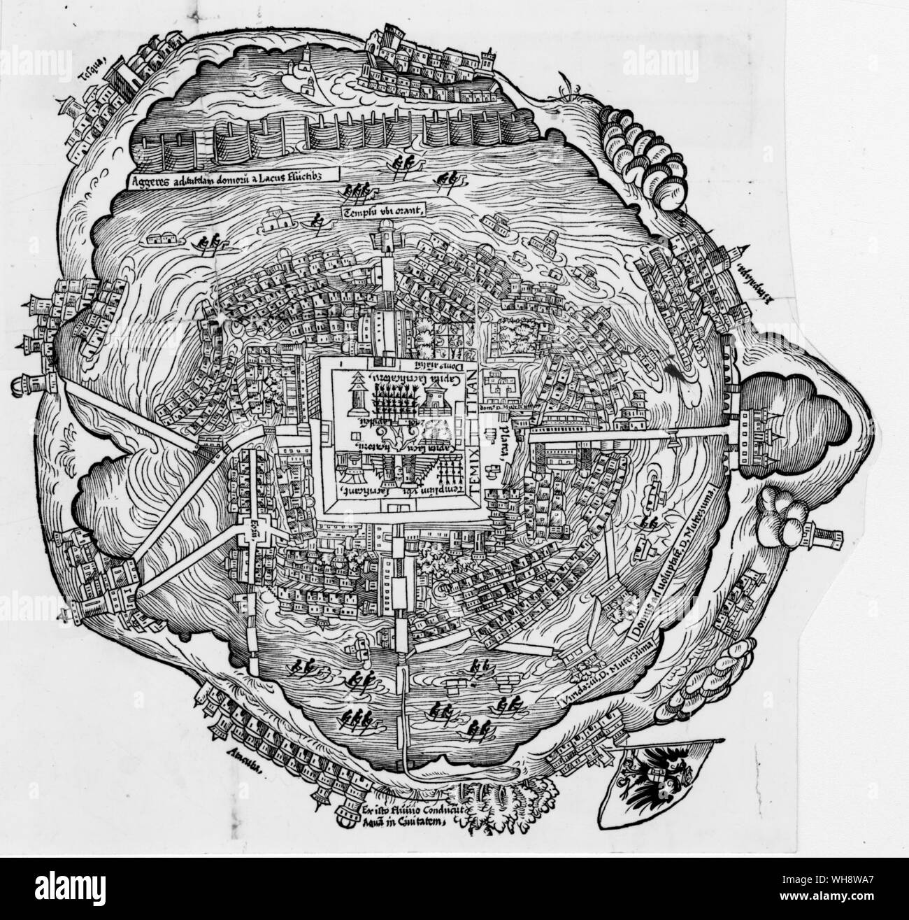 Xvi secolo pianta della città isola di Messico-tenochtitlan, ritiene che sono state tracciate per Cortes (il piano è orientato con l'oriente in alto) Foto Stock