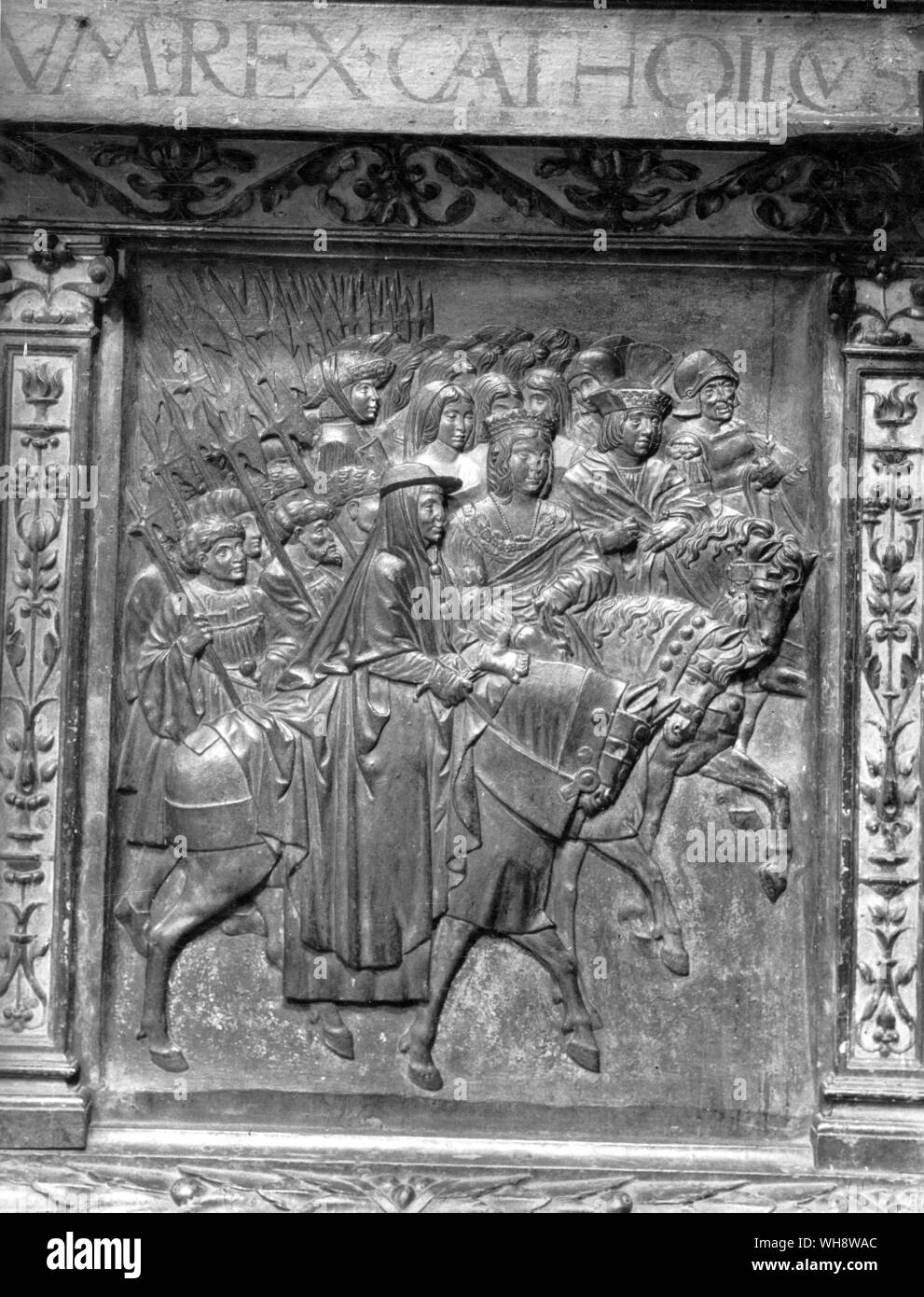 Ferdinando e Isabella immettere Granada in trionfo dopo la sua (1491) catturare dai Mori. Xvi secolo bassorilievo Foto Stock