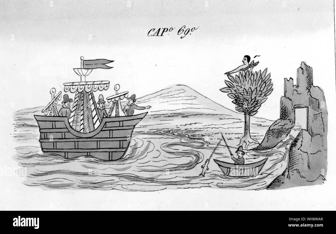 Gli Indiani avvistare le navi spagnole. Da un secolo XVI disegno da un artista messicano. Foto Stock