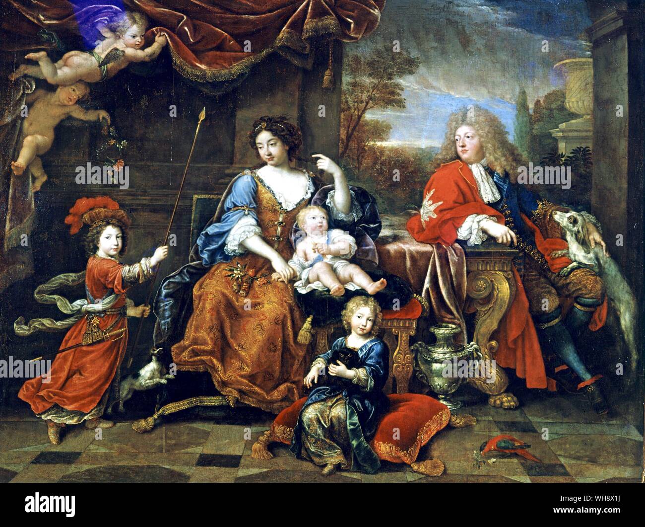Il Grand Dauphin con sua moglie e i loro bambini. Le Duc De Bourgogne è in piedi, il Duc d'Anjou è seduto tenendo un cane e il Duc de Berry è accanto a sua madre. da Pierre Mignard, 1687. Foto Stock