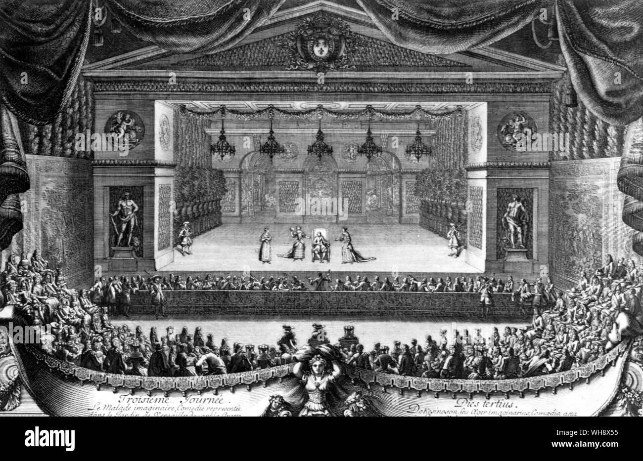 Una performance di Moliere's Le Malade Imaginaire, a Versailles, 1674. Incisione di Le Pautre. Foto Stock