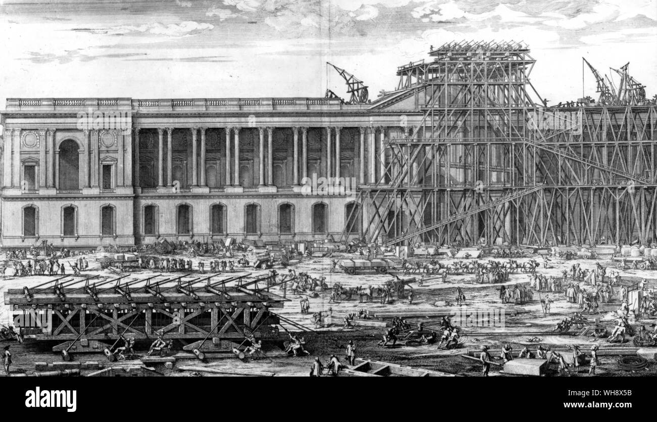 Una incisione che mostra i lavori di costruzione presso il Louvre. Foto Stock