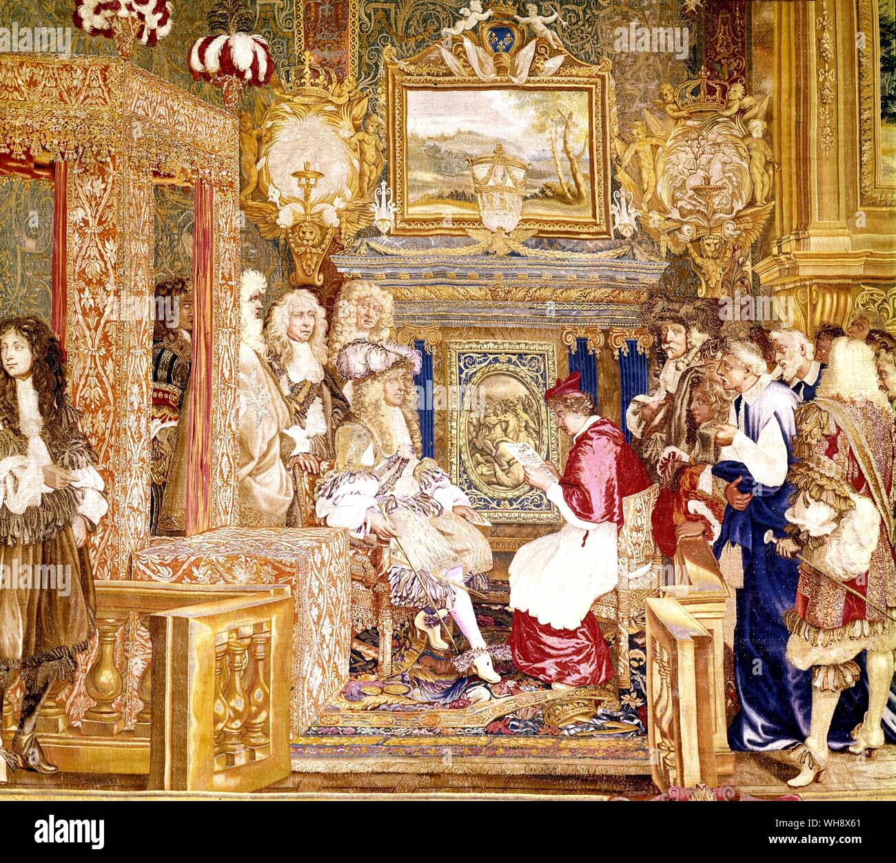 Louis ricevente il legato pontificio a Fontainebleau. dettaglio da arazzo Gobelins, 29 Luglio 1664 Foto Stock