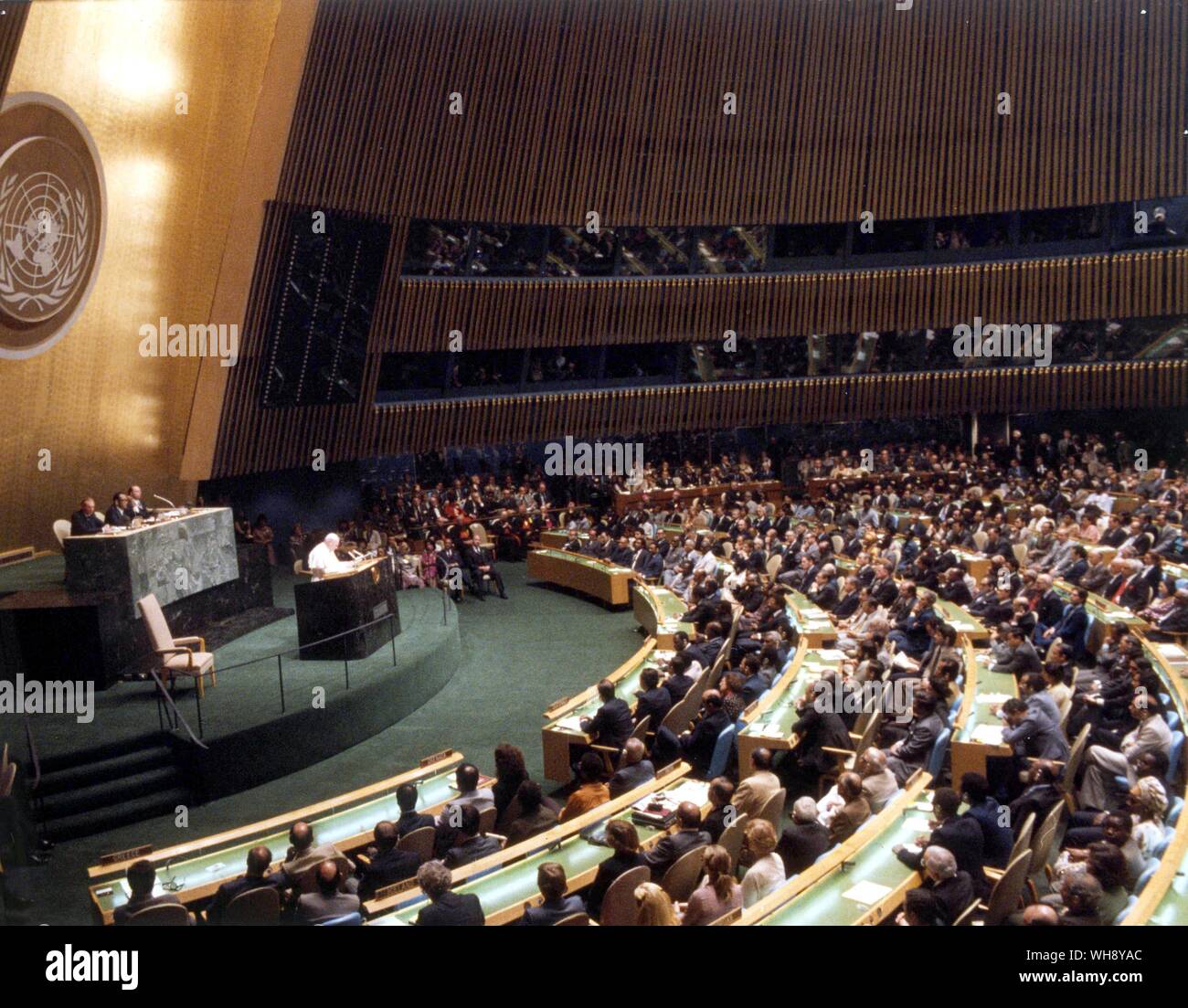 Papa Giovanni Paolo II nel suo discorso alle Nazioni Unite nel 1979, il Papa ha mostrato il suo incisivo e penetrante intelligenza Foto Stock