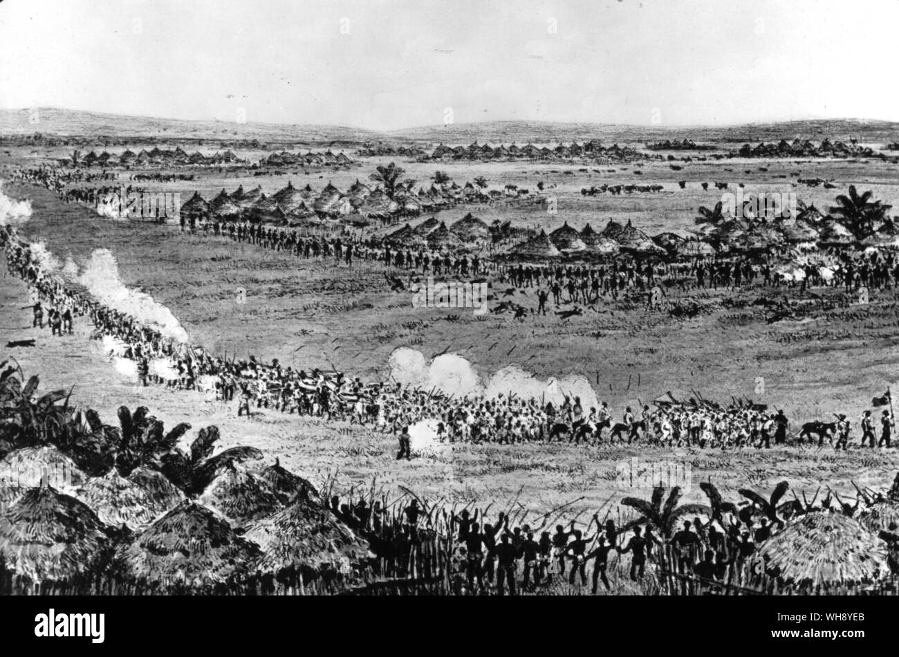 La spedizione si è sotto attacco. Da uno di Stanley lecture diapositive. Livingstone e Stanley.. . Foto Stock