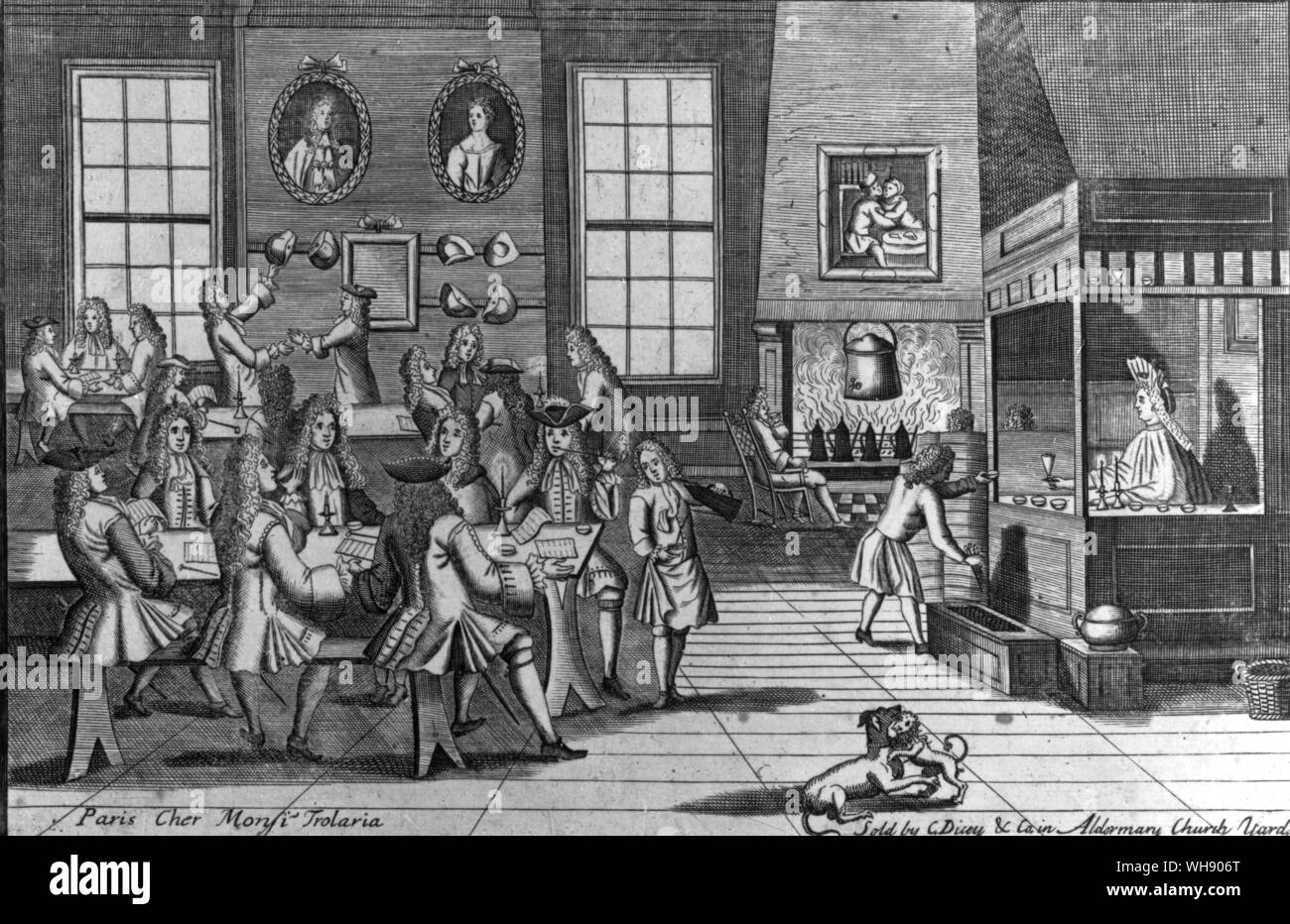 'Il coffee-house dibattiti, la guerra incessante di pamphleteering...' un coffee house di Marlborough's day. Incisione Foto Stock