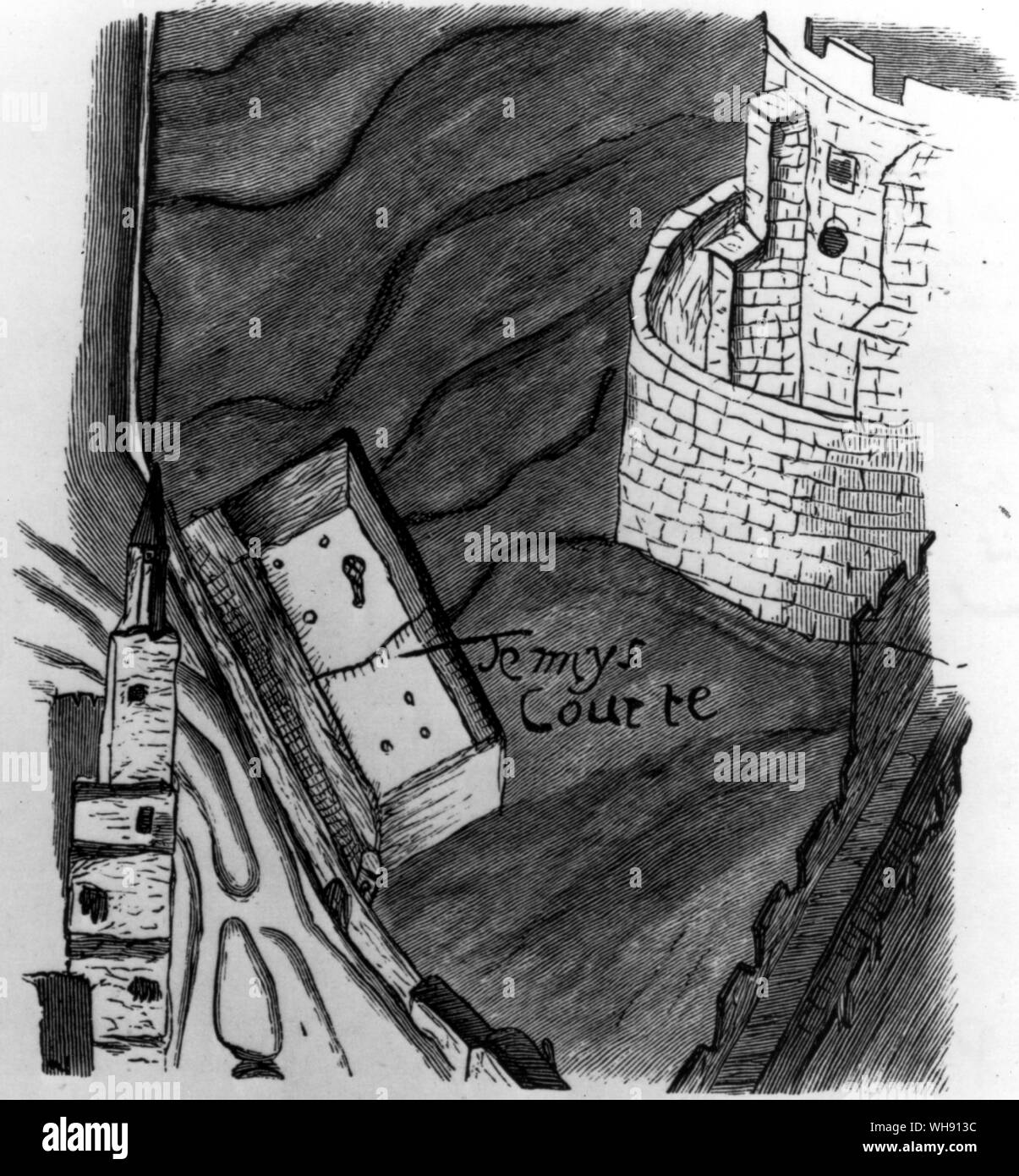 Il campo da tennis costruito per Charles II al Castello di Windsor era nel fossato al di sotto della torre rotonda.. Foto Stock