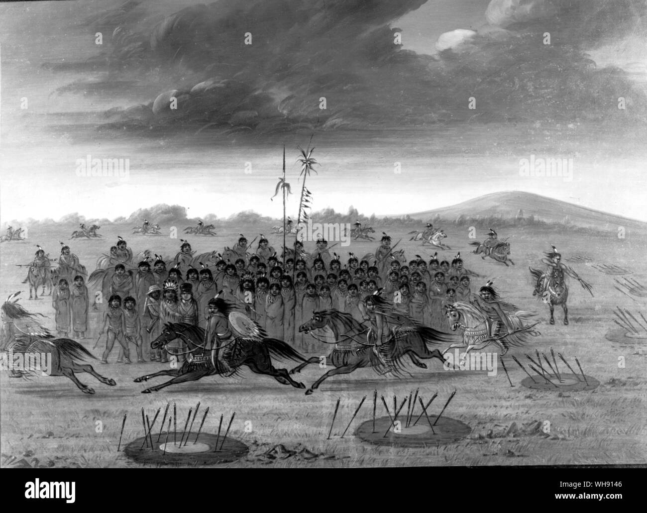 Un display di pianura Apache tiro con l'arco al galoppo, una specialità indiani usato con successo contro i soldati bianco.. Foto Stock