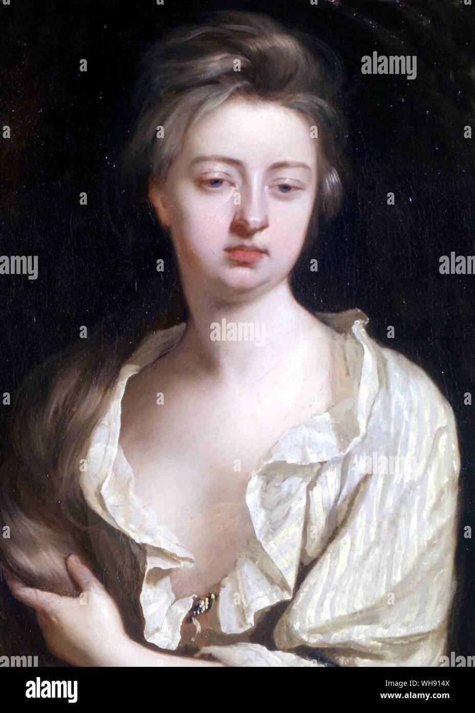 ... Infelice moglie...'. Sarah Marlborough, dopo che aveva tagliato i suoi lunghi capelli in un accoppiamento di 'spleen'. Essa detiene la recisa tresses nella sua mano. Dipinto di Sir Godfrey Kneller Foto Stock