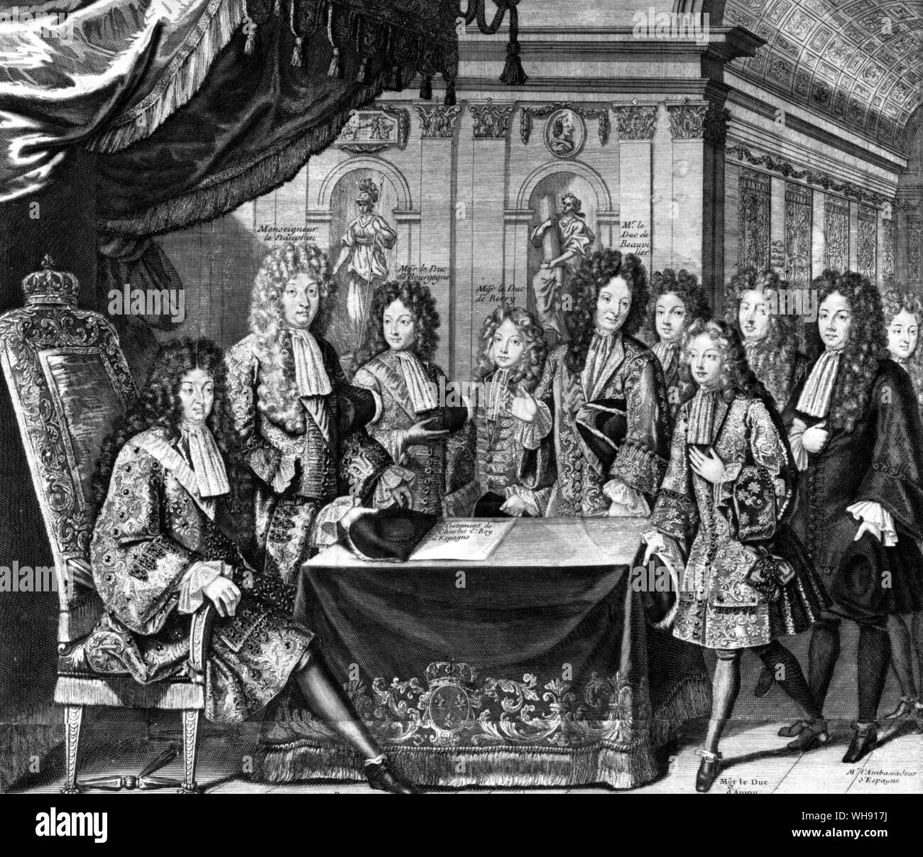 Luigi XIV di Francia accettando Charles II la volontà di lasciare il trono spagnolo a suo nipote Filippo d'Angiò - incisione. Foto Stock