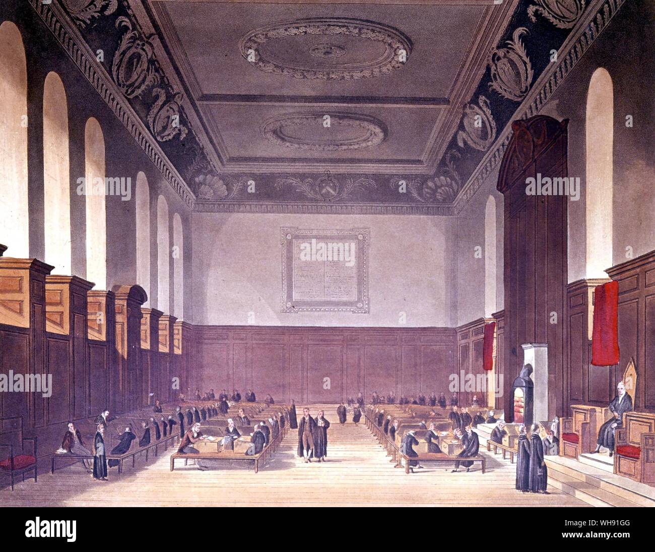 Sala della scuola di Winchester College - 1816. Da Trollope. Sala della scuola di Winchester College, dall' storia di Winchester College', parte della "Storia dei collegi", inciso da Giuseppe Costantino Stadler (fl.1780-1812) pub. da R. Ackermann, 1816 (acquatinta) . Artista Mackenzie, Frederick (c.1787/8-1854) . Foto Stock