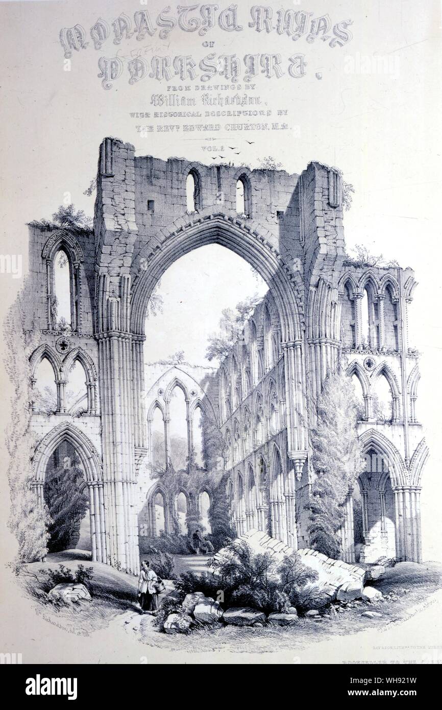 Fountains Abbey. Da rovine monastiche di Yorkshire. dai disegni del William Richardson (fl.1842-77). con descrizioni storico dal Rev. Edward Churton MA - Vol. 2. R.I.B.A. Libreria. Foto Stock