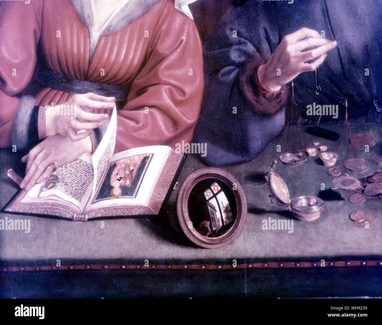 Prestatore di denaro e mia moglie (dettaglio) - 1514. Le Preteur et sa Femme. da Quentin Matsys - il suo primo nome registrato anche come Quinten o Kwinten e il suo ultimo nome come Massys, Metsys, o Matsijs (1466 - 1530), pittore nella tradizione fiamminga e fondatore della scuola di Anversa. La pittura nel Louvre, Parigi, Francia. . Foto Stock