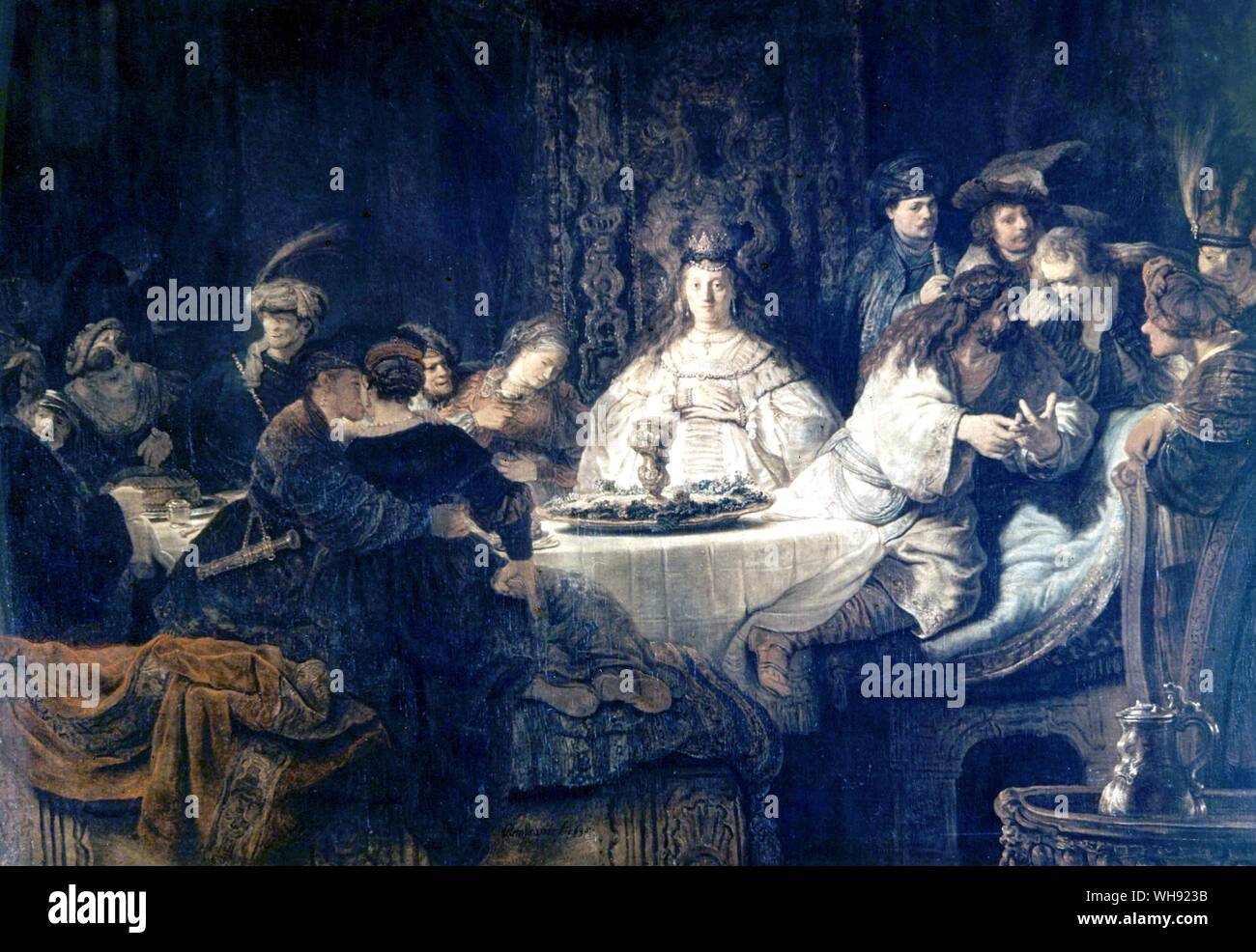 Sansone Wedding. Sansone propone l'Enigma al banchetto di nozze, 1638 . Da Rembrandt. in Deutsch Fototek Dresden. Harmenszoon Rembrandt van Rijn (Luglio 15, 1606 - Ottobre 4, 1669) è generalmente considerato uno dei più grandi pittori nella storia dell'arte europea e il più importante nella storia Olandese.. Foto Stock
