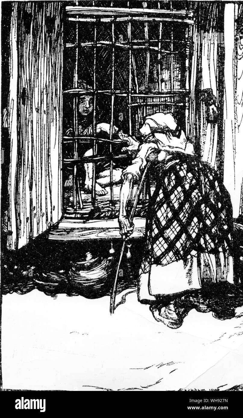 Hansel e Gretel. "Hansel, stendere il dito che mi può sentire se si sta grasso." Arthur Rackman, Fiabe dei Fratelli Grimm, 1900.. Foto Stock