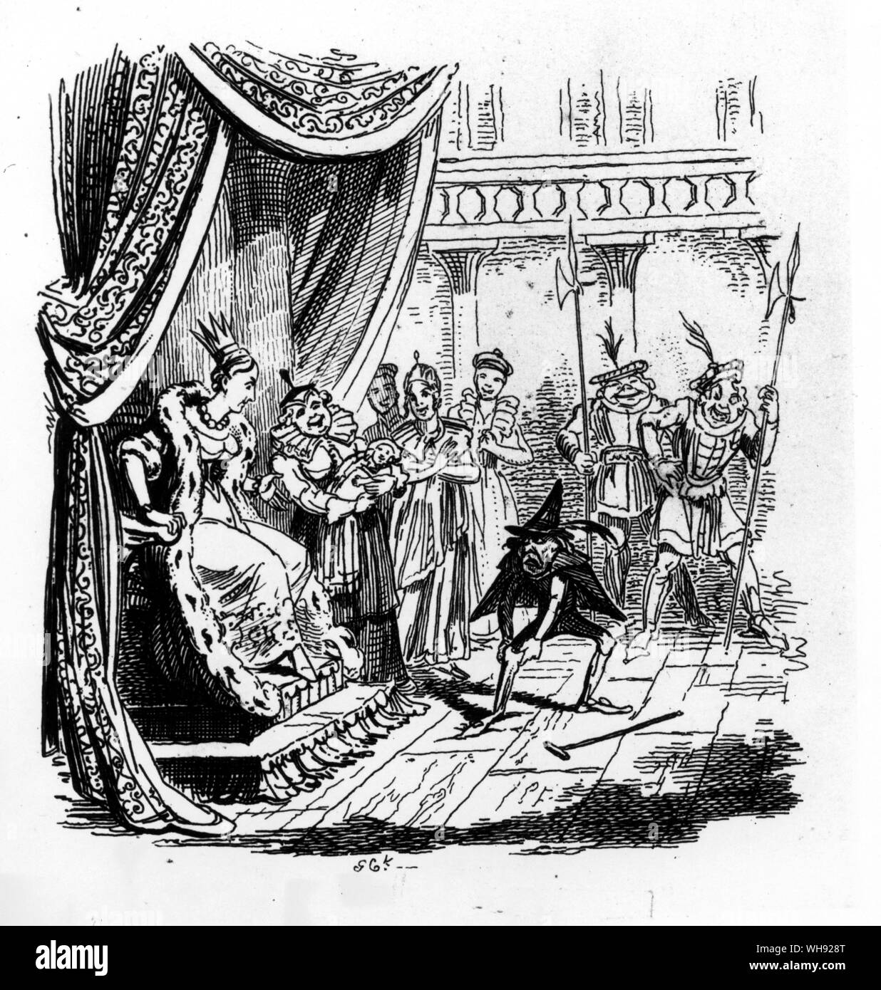 Tremotino tirando il piede al di fuori del piano. Attacco da George Cruikshank dal tedesco storie popolari, 1823.. Foto Stock