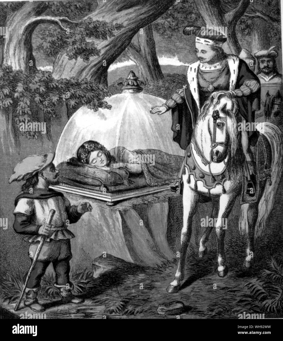 Biancaneve e i Sette Nani. Il principe trova Snow White nella sua bara di vetro. Incisione su legno da Routledge Scellino del libro giocattolo, poca neve Whie, c. 1870.. Foto Stock