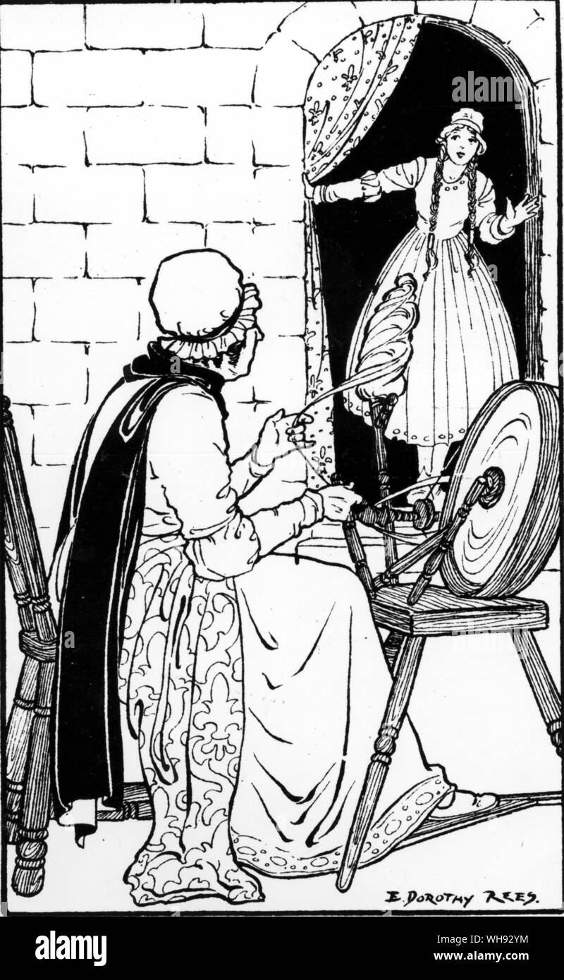 La bella addormentata. La Principessa scopre la vecchia donna di filatura. E Dorothy rees, c.1925. Foto Stock