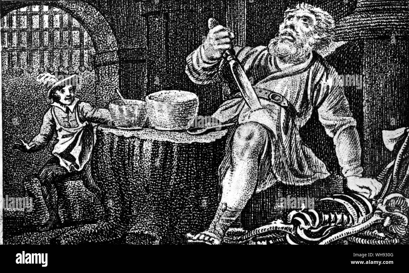 Jack e l'assassino gigante. "Prendendo un coltello affilato hanno sventrato il suo ventre.' incisione da Tabart popolare Stories, 1804.. Foto Stock
