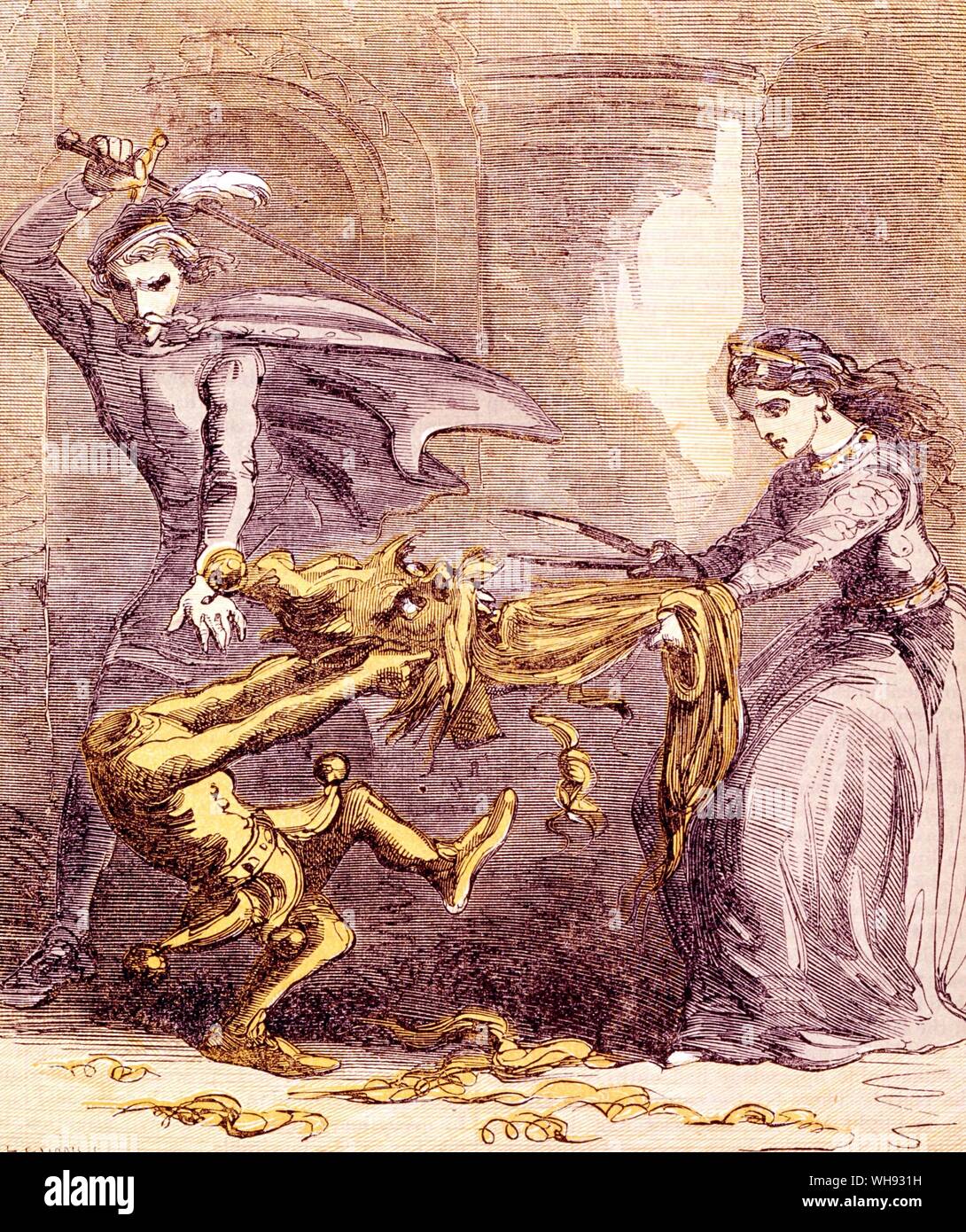 Il nano giallo arriva al dolore quando la principessa attacca la sua barba con magic forbici. Color legno-incisione di Edmund Evans, dopo la progettazione da "Phiz' dal Grimm's Goblins, 1861.. Foto Stock