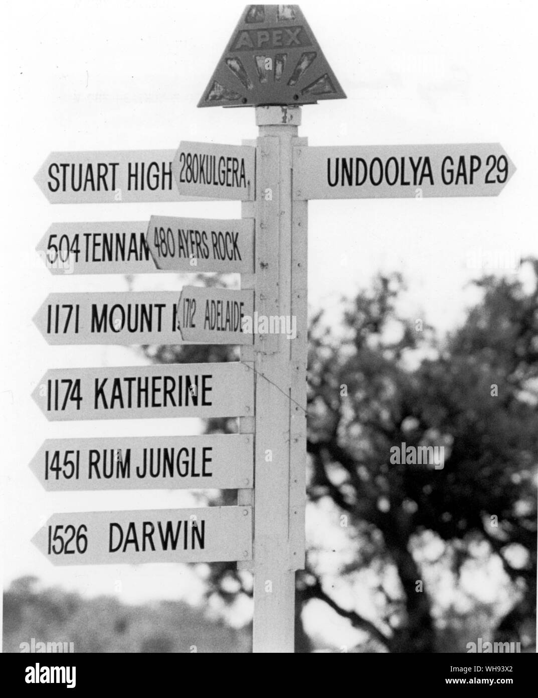 Segno posto sulla Stuart Highway in Alice Springs Foto Stock