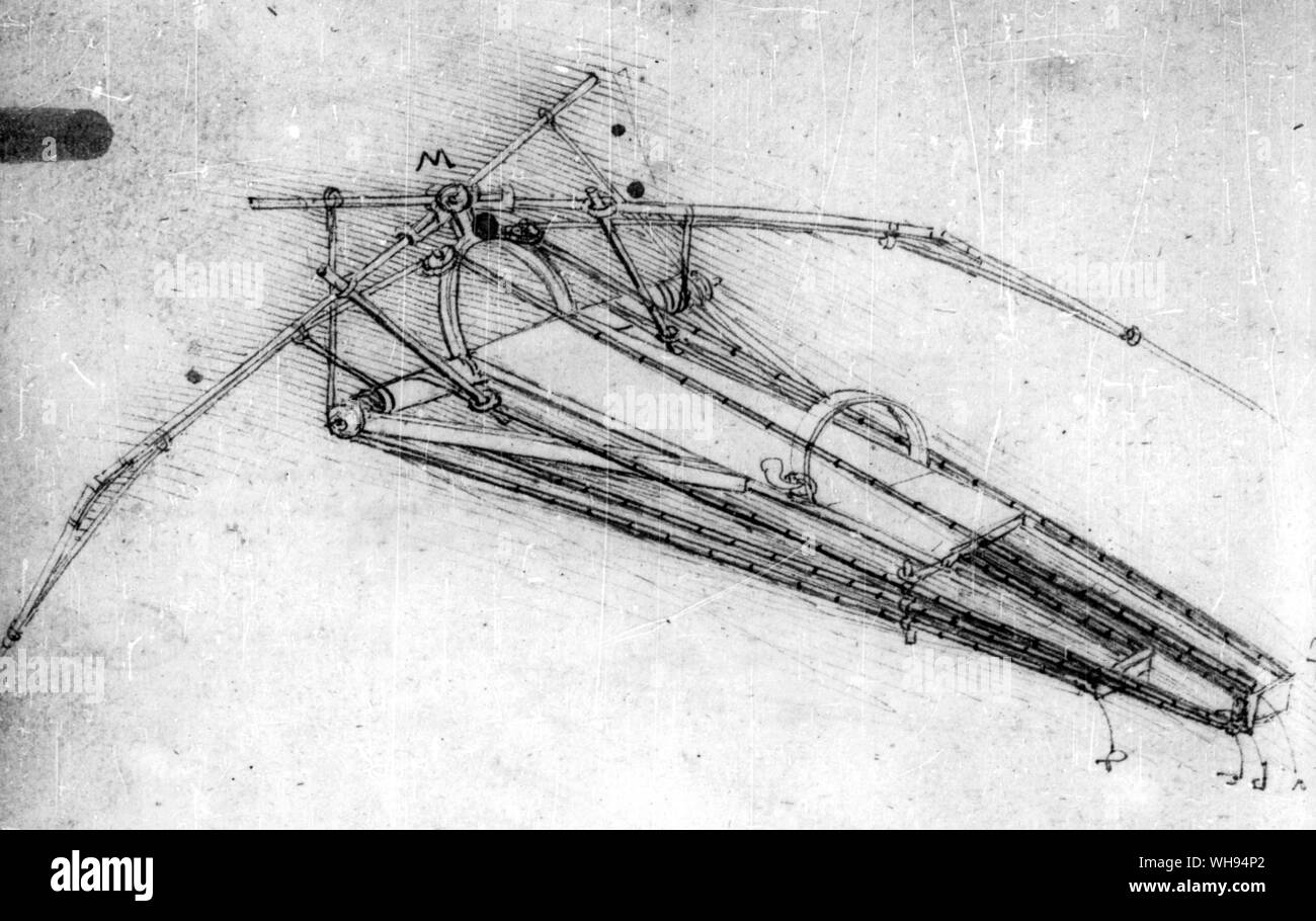 Uno di Leonardo da Vinci dei primi modelli di aeromobile 1486-90. L'aviatore giace sul bordo con la sua testa attraverso il cerchio anteriore. Le ali, basculante sopra la testa a 'm', vengono sollevati per il piede sinistro e abbassato da destra. Foto Stock