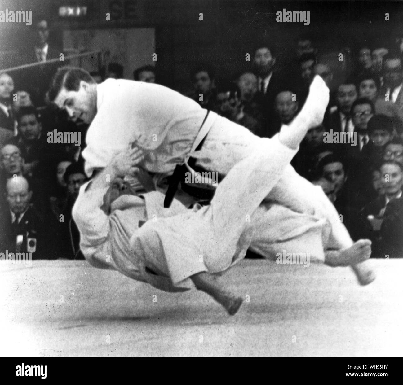 Giappone Tokyo Olimpiadi 1964: Anton Geesink (Paesi Bassi) terre un tiro su D una Petheridge (Gran Bretagna) durante il loro judo bout.. Foto Stock