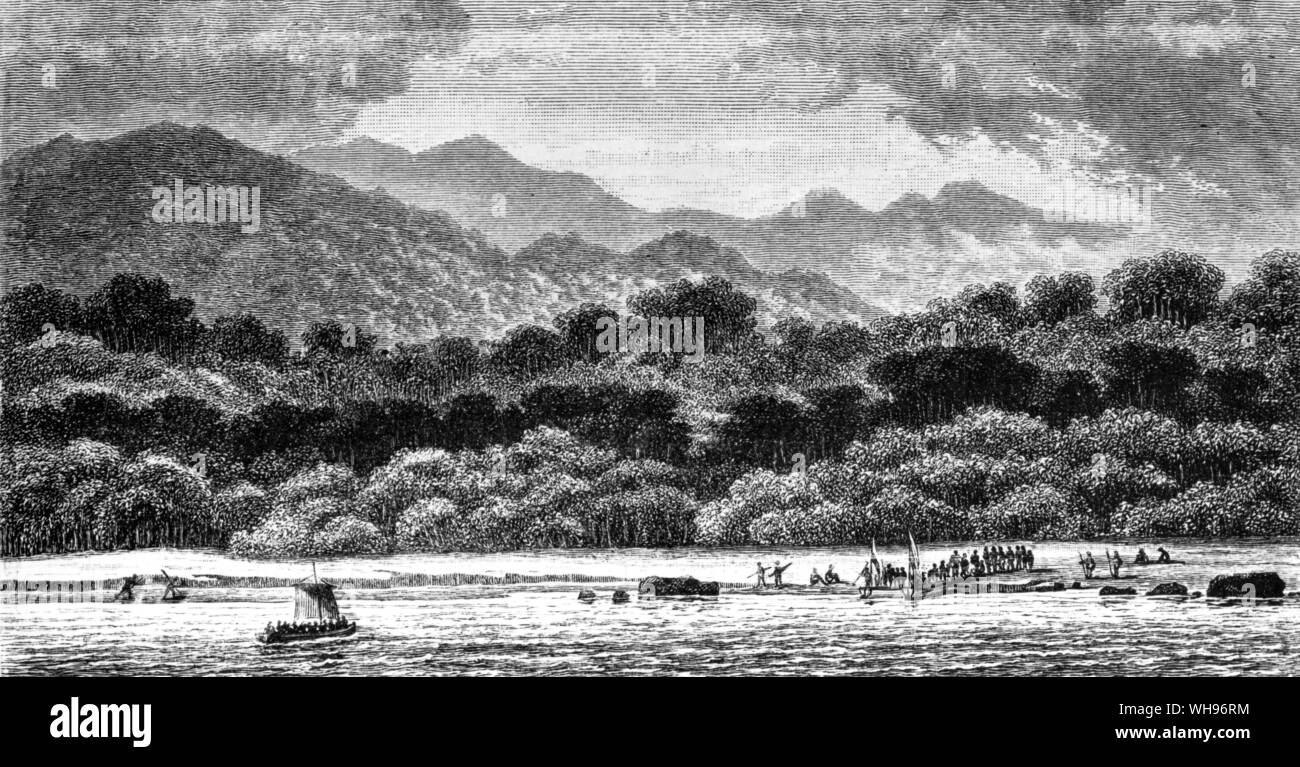 Cape York, isola al largo dell'Australia. Illustrazione dello sbarco dei nativi a API. Foto Stock