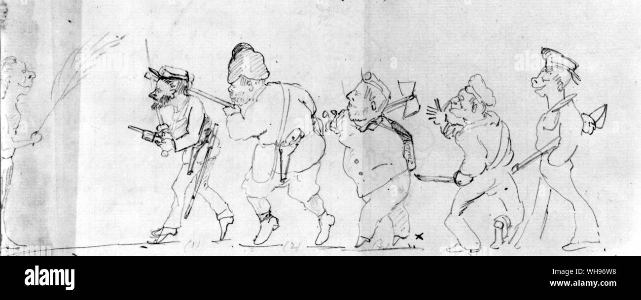 Cape York, isola al largo dell'Australia. Lt Channer la caricatura dei nativi in atterraggio a API. Il cordiale nativo, a sinistra, è manced prima da Pelham Aldrich, poi da Wyville Thomas. Channer stesso viene successivamente, seguita da due marinai.. Foto Stock