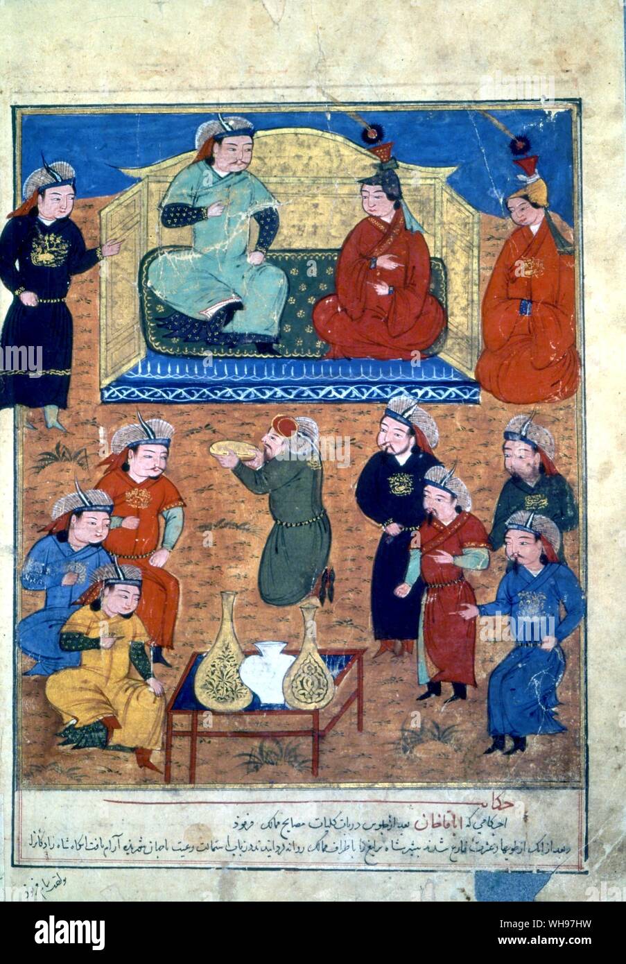 Il Mercante e il Khakhan mogli di un mongolo khan indossando la loro forma a mezzaluna bokhtas cappelli e seduto a un banchetto in ordine di precedenza Foto Stock