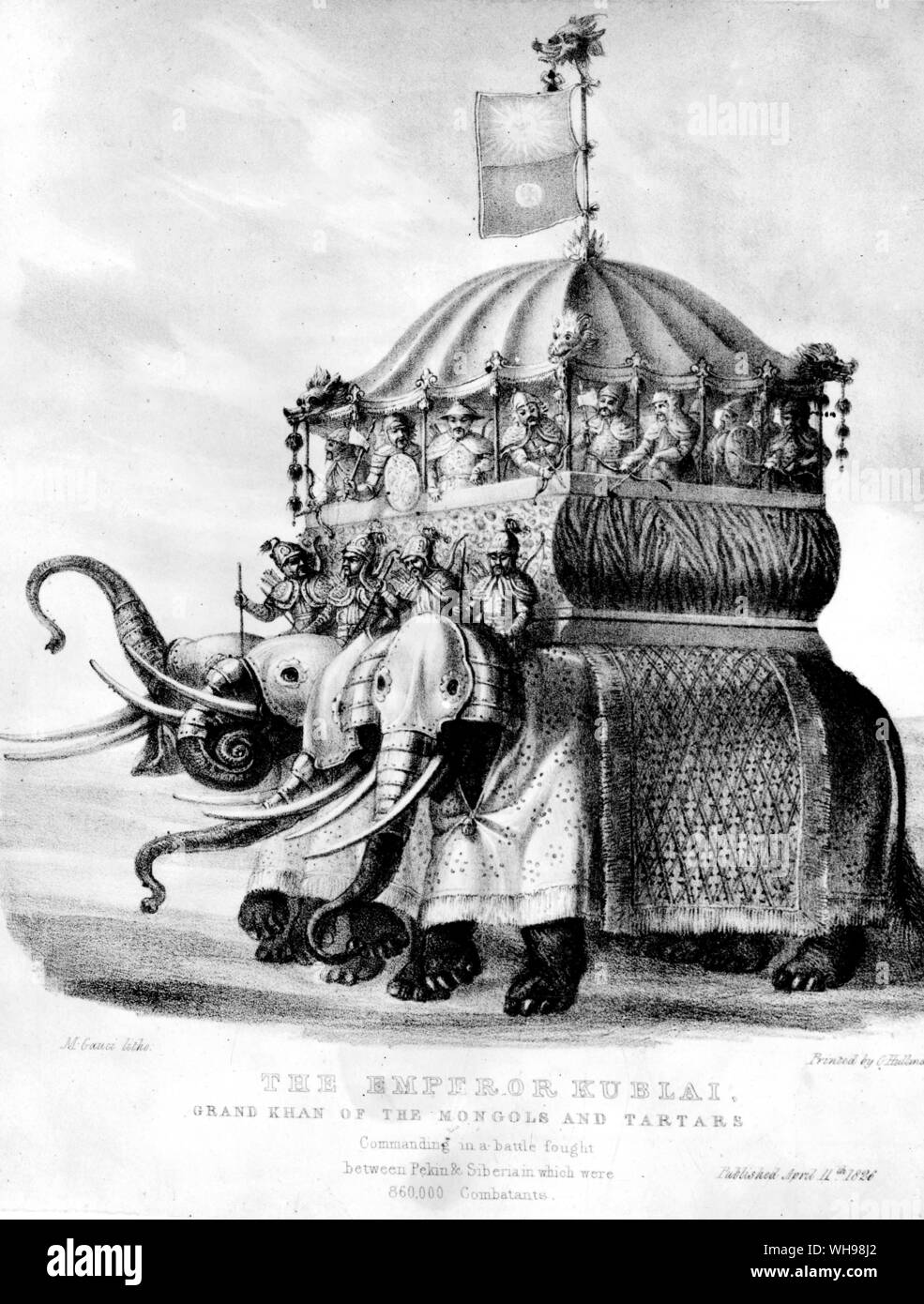 Warfare/l'imperatore Kublai Khan comandando in battaglia da quattro elefanti corazzati. Il XIII secolo. Foto Stock