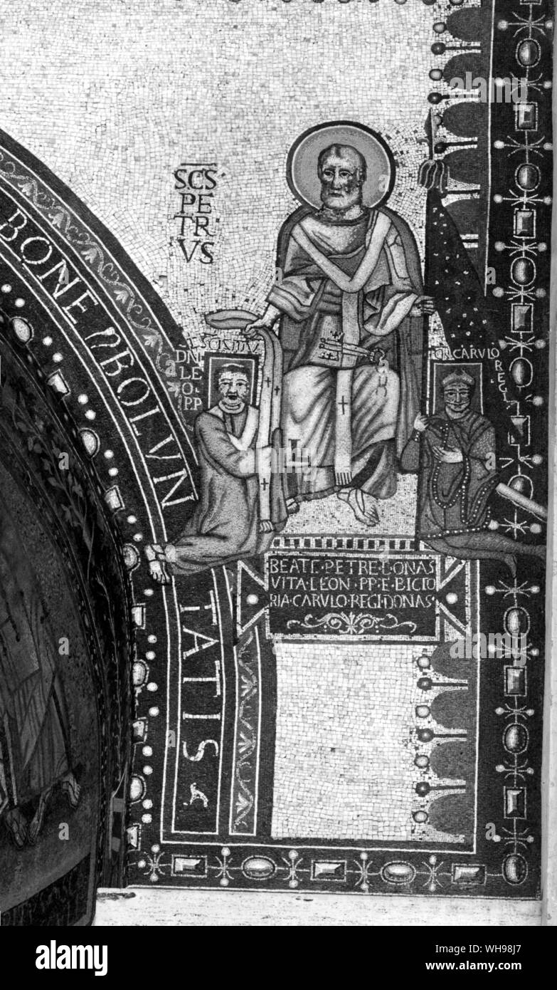 San Pietro offre il pallio a Leone III e il banner della cristianità a Carlo Magno. Viii secolo. Foto Stock