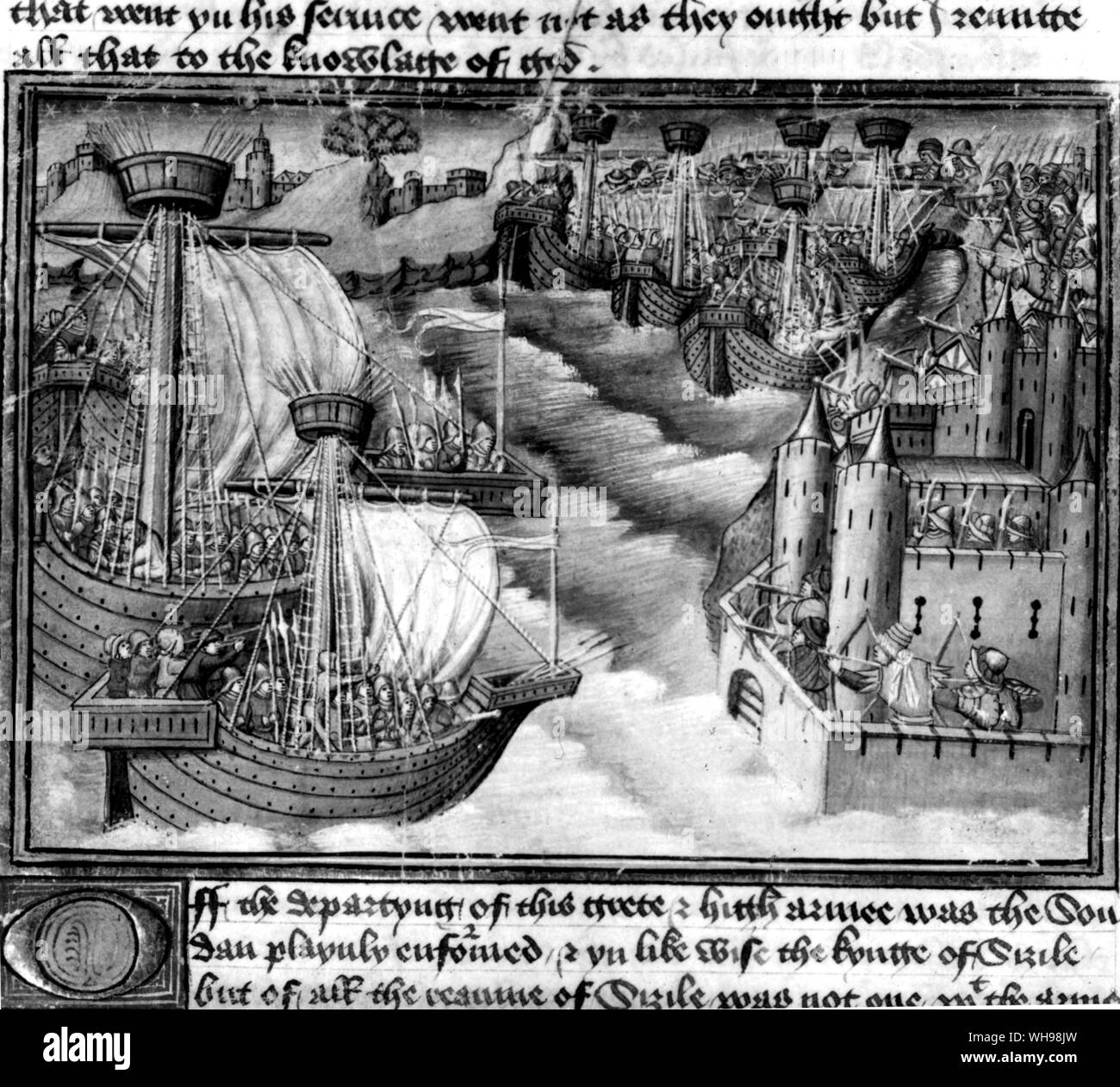 Warfare/Medioevo: navi aveva sollevato poops e forecastles ed erano azionati da una grande vela. 1458 Foto Stock