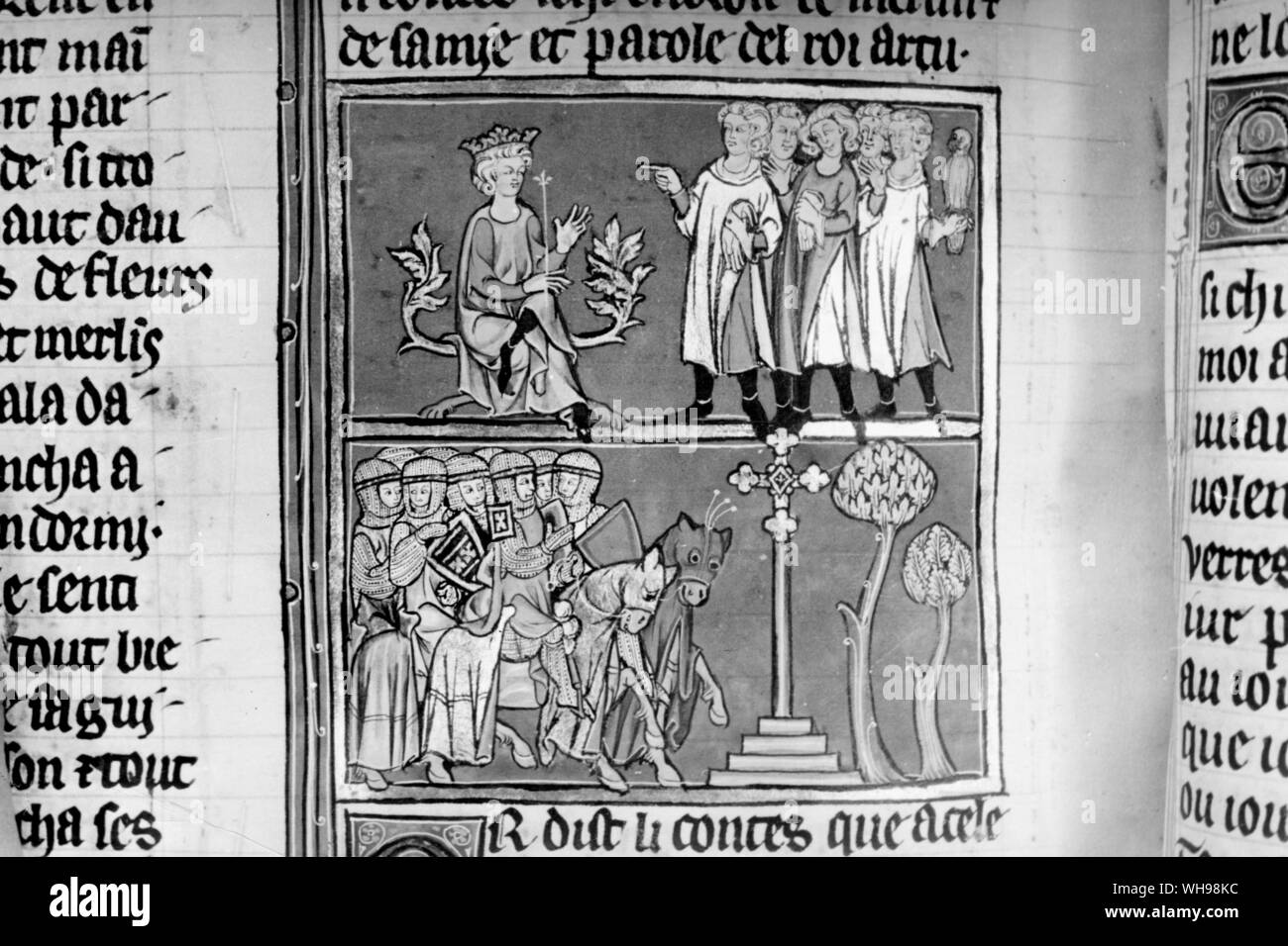 Inglese royalty: Re Artù sul trono riceve i falconieri. Foto Stock