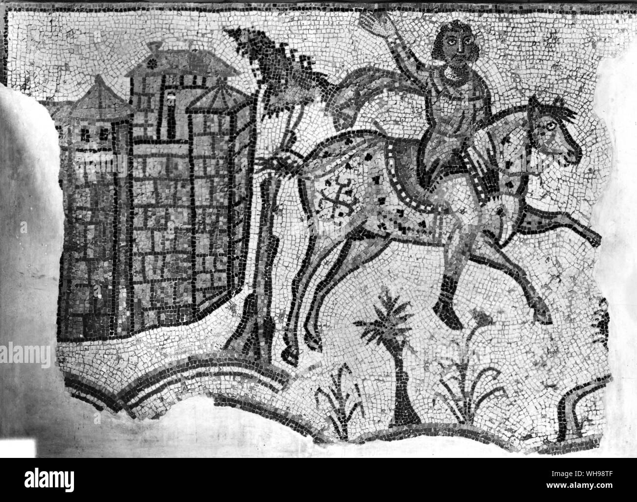 La guerra antica: Mosaici/ scena di caccia di Cartagine. Vandalo cavaliere. 500 A.D. Foto Stock