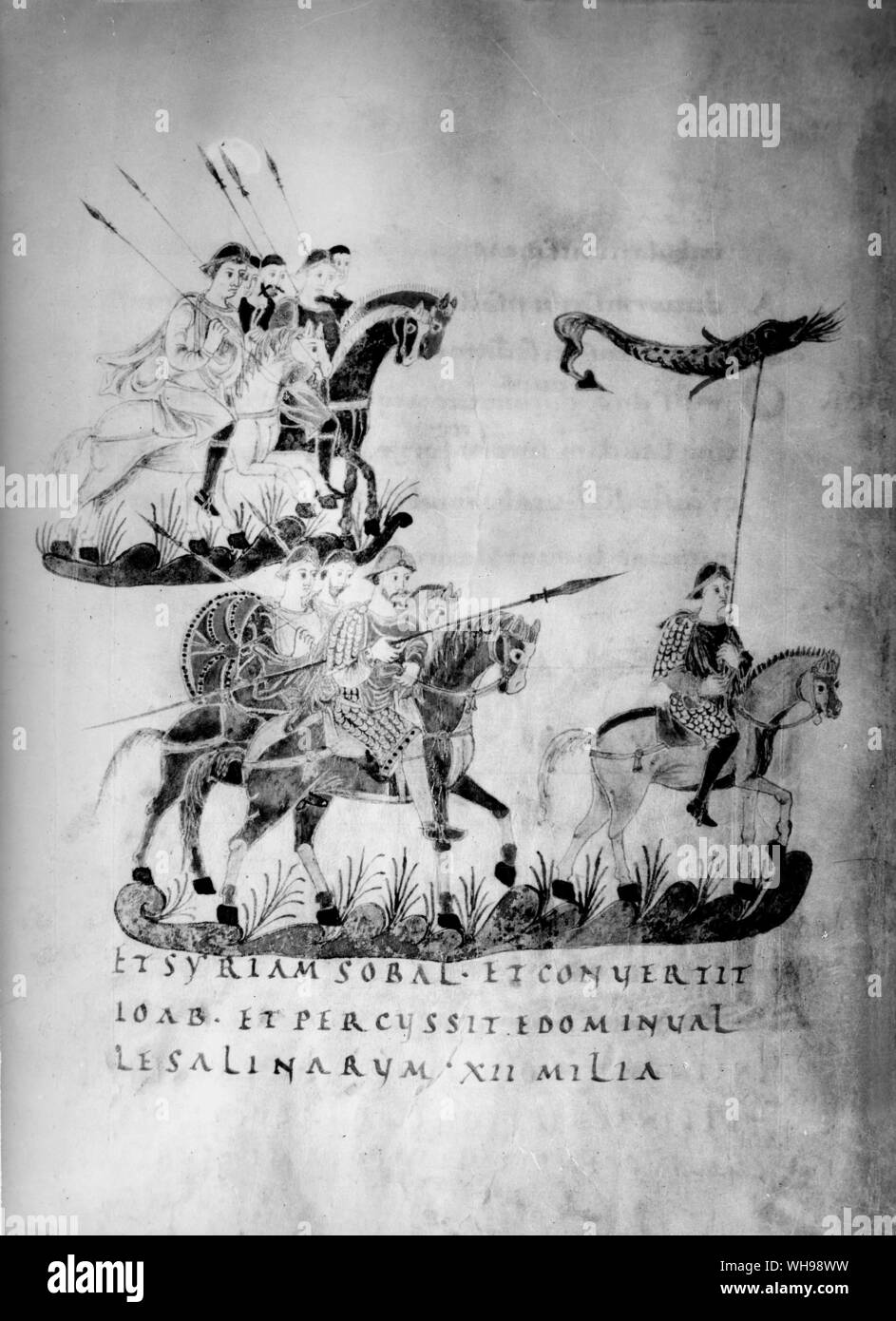 Sotto il sistema feudale il cavaliere montato sviluppato come il chief fugurante sui campi di battaglia dell'Europa occidentale. Un distaccamento di cavalleria carolingia preceduta da un alfiere.. Foto Stock
