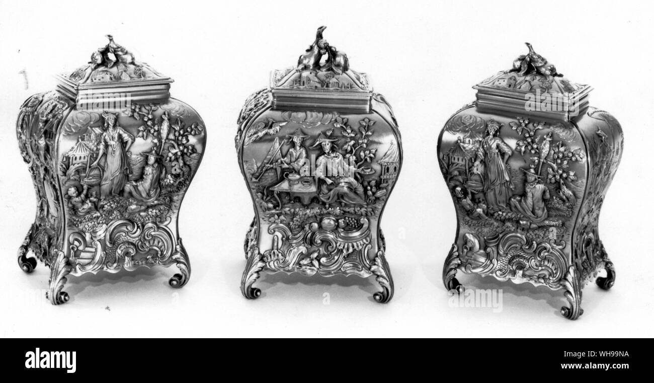 Set di tre silver tea caddy da Louisa Courtauld e George Cowles, 1770 Foto Stock