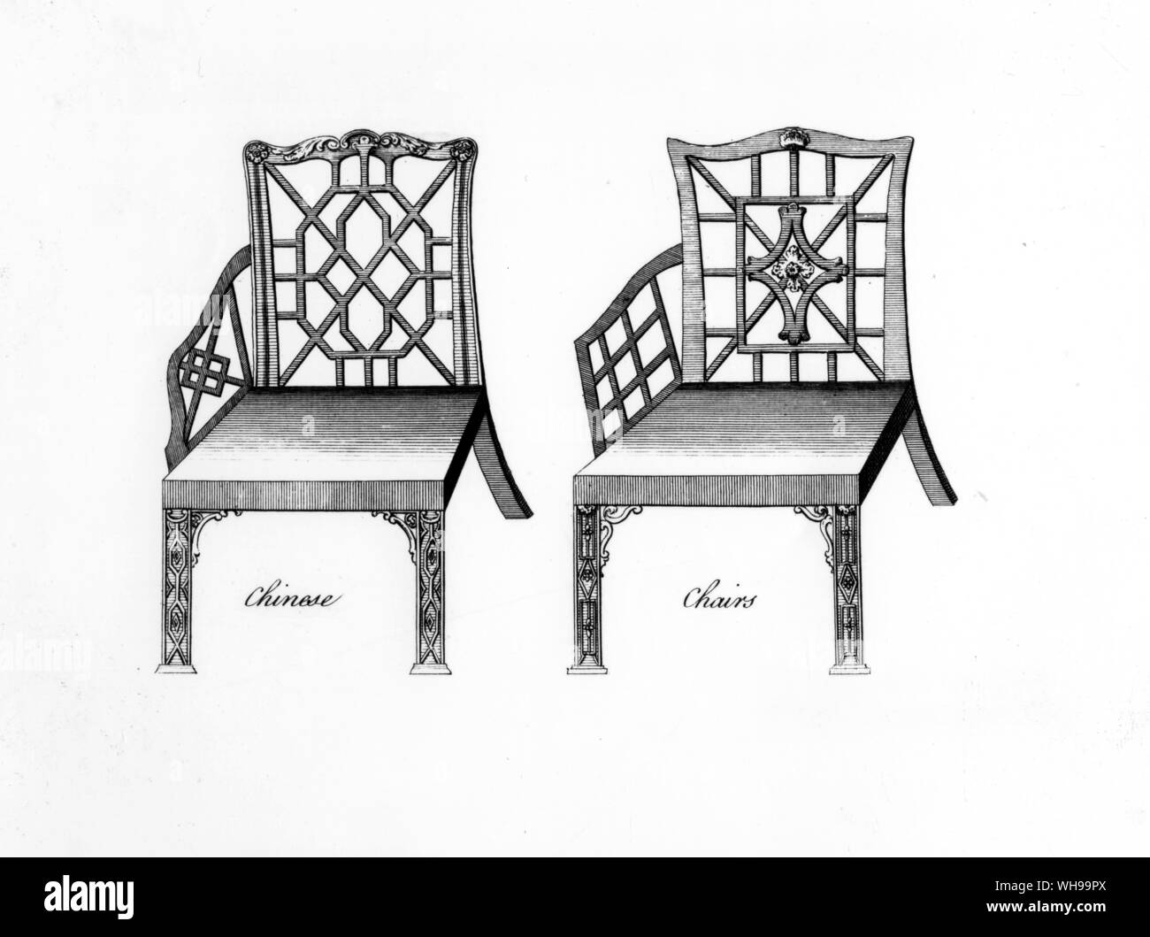 Disegni per sedie cinesi. Da 'l'armadio e Chairmaker il vero amico e compagno di Robert Manwaring, 1765. Foto Stock