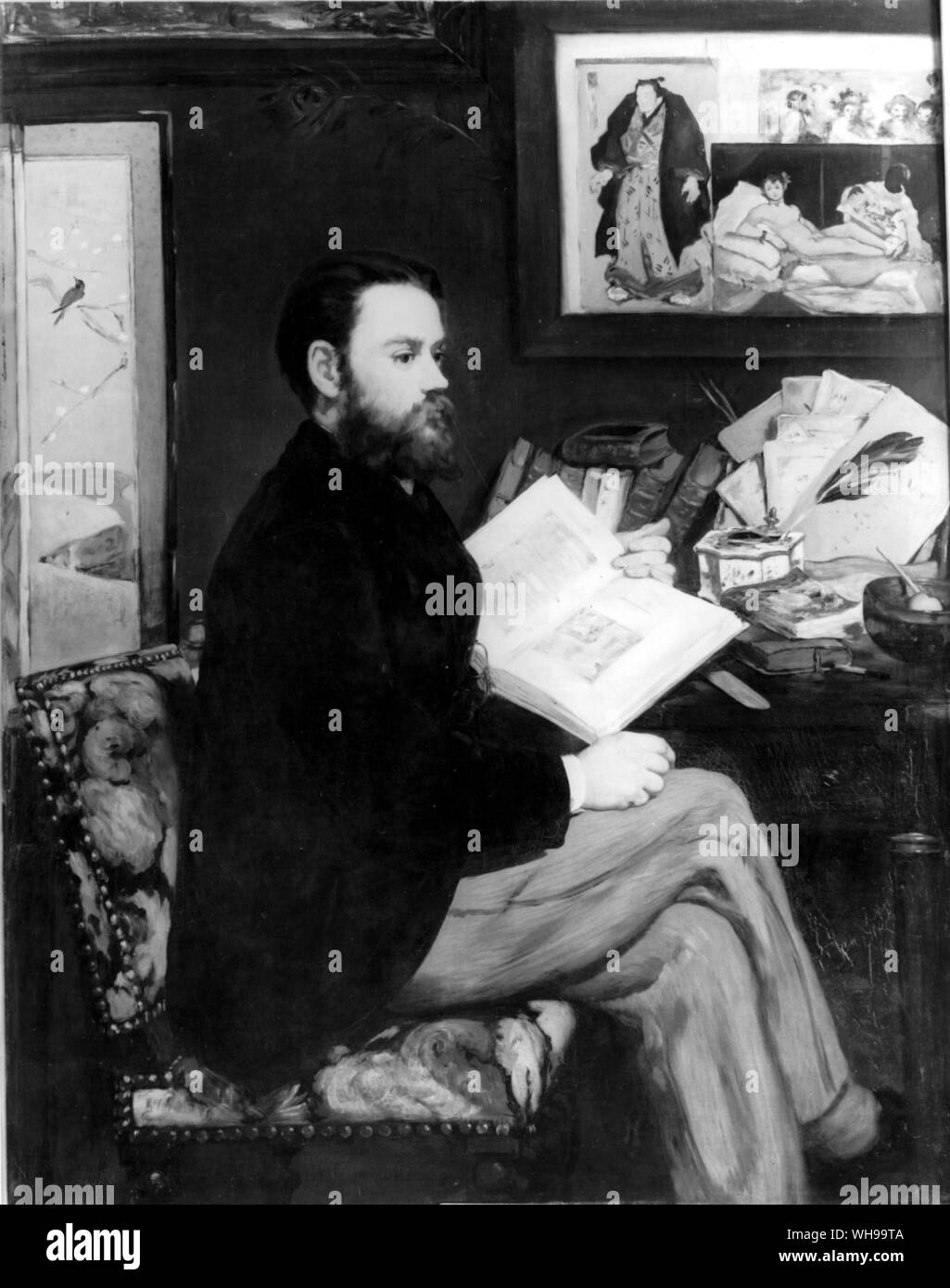 Ritratto di Emile Zola da Manet. Nota la schermata giapponese, la stampa e l'inchiostro-ben e obbligatoria di penne di pavone Foto Stock