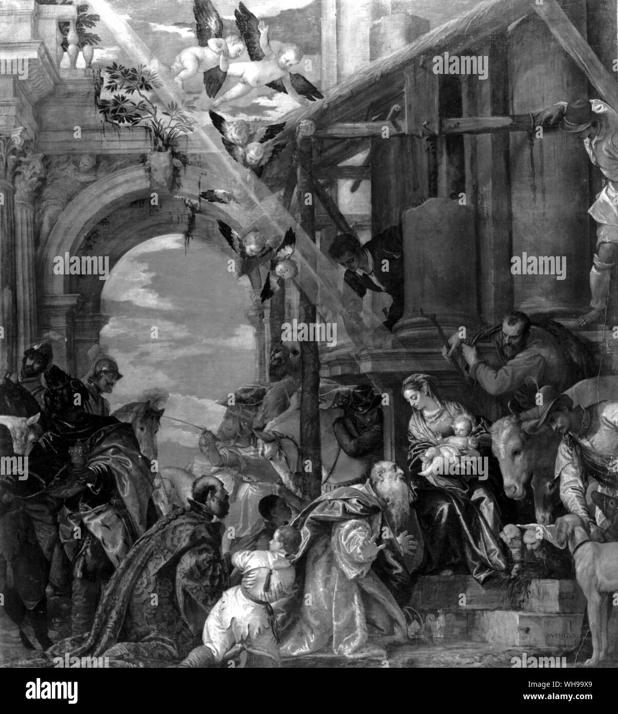 Dettaglio di un'Adorazione del Veronese che mostra uno dei tre re in un veneziano mantello di seta. Foto Stock